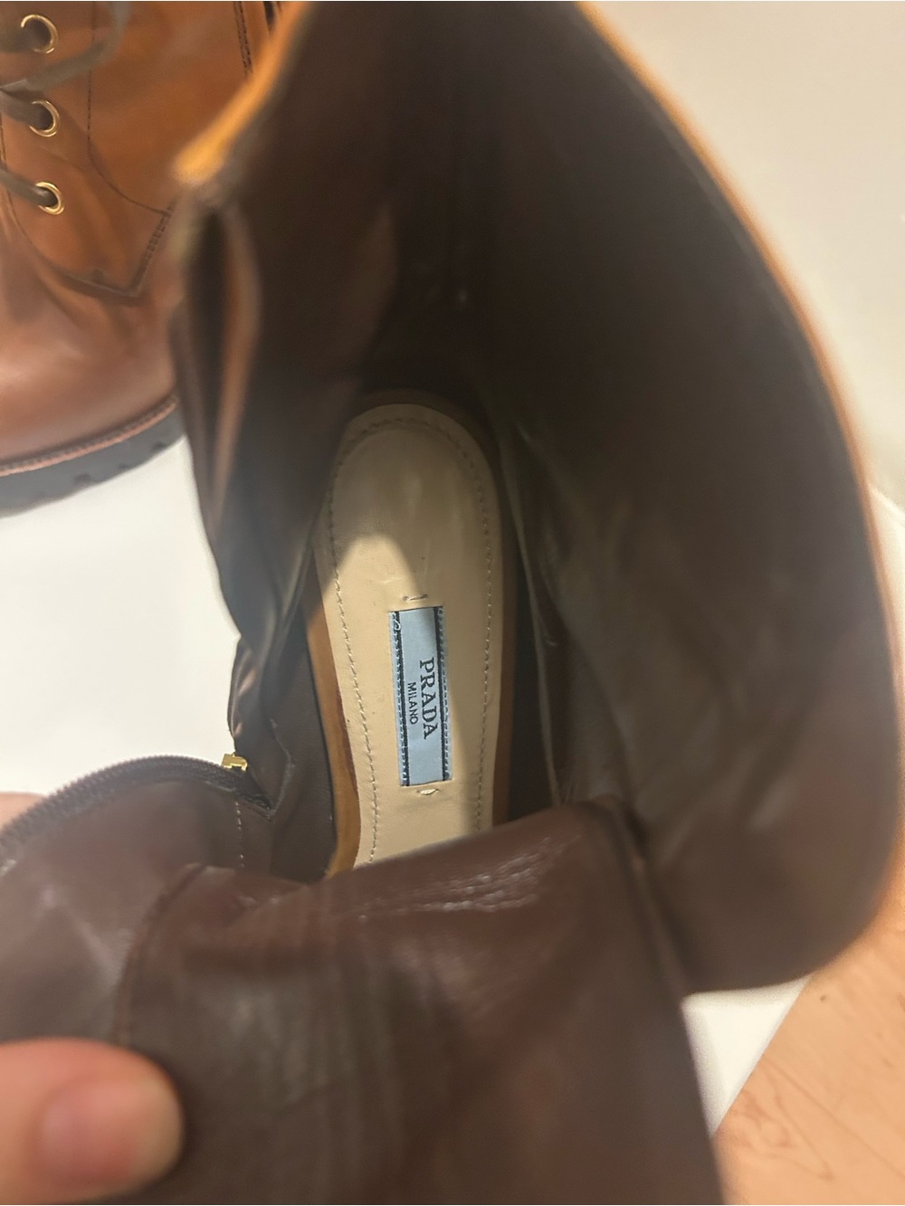 Prada Brown Leather Lace-Up Block Heel Boots - Picture 6 of 6